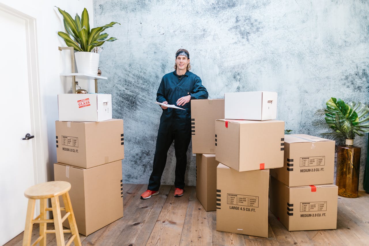 Smiling mover in coveralls standing with parcels, clipboard in hand, indoors.